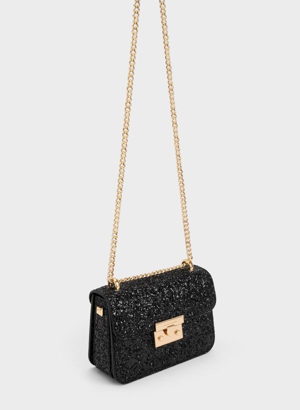 kkqsPiDizsuZbkkg.jpg Glittered Push-Lock Chain-Handle Bag – Black