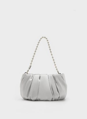 nRaONXXgjixPpUcG.jpg Satin Ruched Bead-Handle Bag – Silver